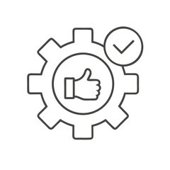Line art icon of a gear with a thumbs up and check mark
