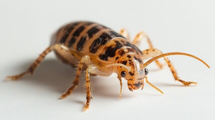 Extreme close up macro photography of a fascinating striped beetle insect crawling on a natural surface  The detailed shot showcases the beetle s intricate exoskeleton antenna