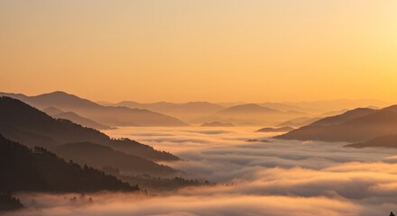 Fototapeta premium Golden Hour Sunrise over Misty Mountain Valley Breathtaking Panorama of Serene Landscape