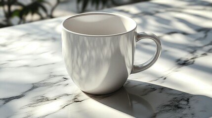 Empty white mug on marble surface in sunlight.