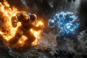 Fire and ice characters confrontation