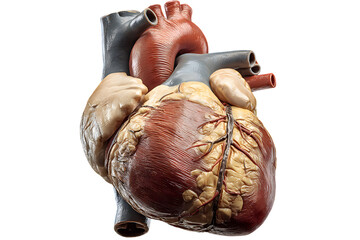 Anatomical heart model exhibiting detailed muscle, tissue, and vascular structure against a transparent background