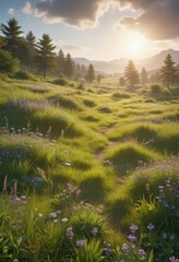Sunbeams illuminating lush green meadow with wildflowers,  energy,  natural
