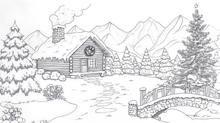 Winter cabin scene, snowy landscape