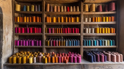 Naklejka premium Colorful Threads on Wooden Shelves