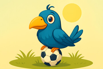 Fototapeta premium Cute cartoon blue bird standing on a soccer ball in grassy field under the sun, fun illustration for kids, outdoor play, sports, nature, animal character, and children's design