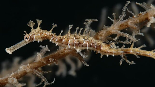 Ornate ghost pipefish resting on a soft coral branch, exhibiting camouflage in the dark ocean depths.