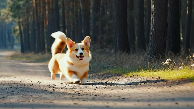 Corgi running in forest path