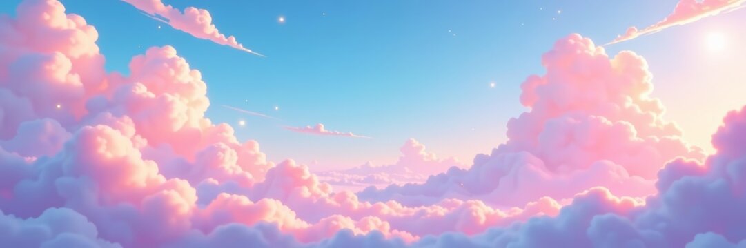 Dreamy pastel anime sky with fluffy clouds and soft colors, fluffy, clouds, soft