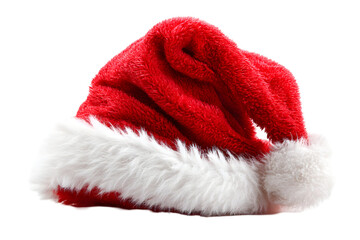 Red plush Santa hat with fluffy white trim, festive holiday headwear on a transparent background