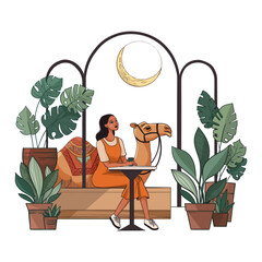 Mystical Egyptian Girl with Laptop and Camel Under Moonlight  Ideal for Spiritual and Cultural Designs