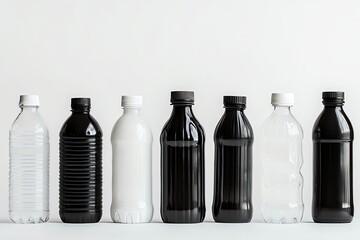 Row of plastic bottles in black white and clear