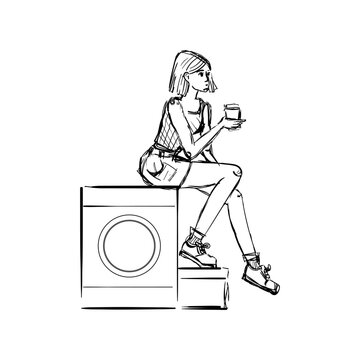 Girl Drinking Coffee on Washing Machine &ndash; Ideal for Laundry and Lifestyle Designs