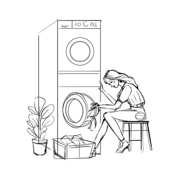 Girl Loading Clothes into Washing Machine l for Laundry and Domestic Designs