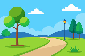 Obraz premium Summer Park Vector with Green Lawn and Walking Path