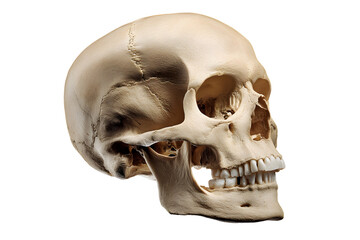 Anatomical skull model on a transparent background, displaying sutures and teeth