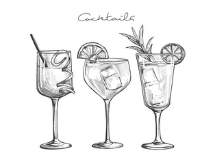 Hand drawn cocktail Illustrations. Sketch of three different cocktails in distinct glassware, each garnished with fruit slices, mint leaves, and straws