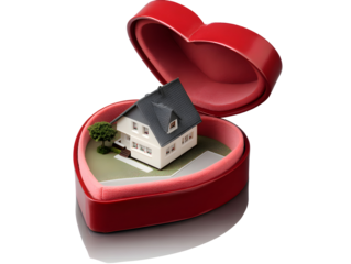 Home inside heart Miniature house within red heart-shaped box. transparent background