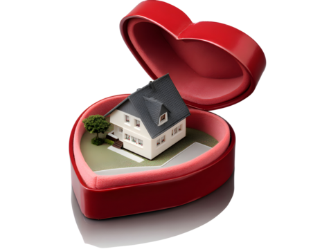 Home inside heart Miniature house within red heart-shaped box. transparent background