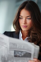 A stylish young businesswoman carefully reads the newspaper, appearing thoughtful and informed.