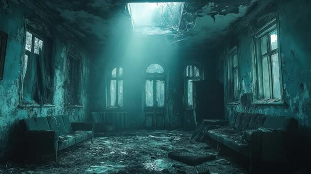 Abandoned Hall: A haunting glimpse inside a desolate, forgotten room, the peeling walls and decayed furniture whispering tales of the past while the ethereal light streams in from the ceiling.