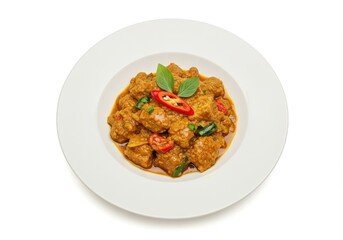 Thai curry dish with tofu, peppers and basil on a white plate