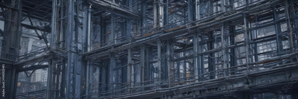 Poster a close-up of a blueprint-style image showing intricate details of a building's framework , vintage,
