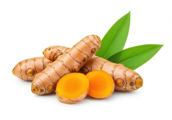 Fresh turmeric roots with leaves and sliced pieces on white background