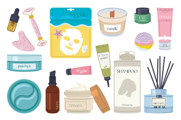Care cosmetics set in flat graphic design. Collection isolated elements of serum bottle, massage stone and roller, facial mask, aroma candle, cream, bath bomb, skin lotion, other. Vector illustration.
