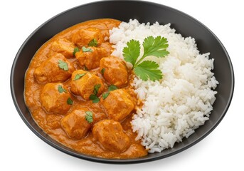 Chicken tikka masala with rice in a black bowl on a white background