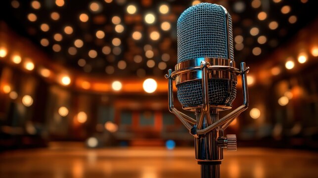 Vintage microphone in a warm, lit recording studio