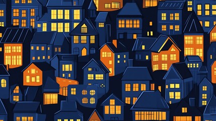 Nightfall Cityscape: A Cozy Cluster of Illuminated Homes