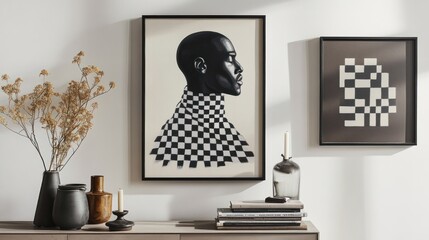 Black and white portrait of a man,  with a checkerboard pattern draped around his neck.  Modern art piece.  Stylish  wall decor