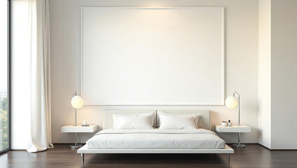 A sleek modern bedroom with a large blank poster prominently hanging on a crisp white wall. The room is tastefully furnished in a minimalist style