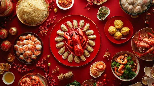 Traditional Chinese New Year Feast Featuring Dumplings and Noodles