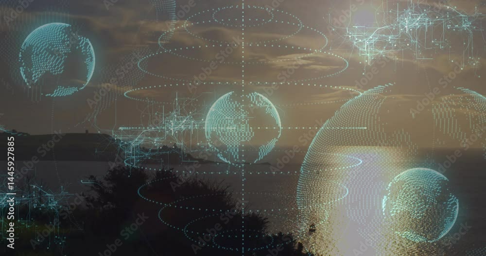 Aufkleber holographic data spheres floating over coastal dusk scene, showing network connections in 3d render