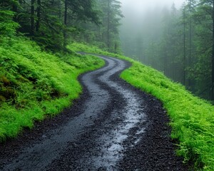 Obraz premium Rainsoaked pathway in a misty forest, moody reflections on the damp earth