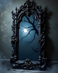 Dramatic Gothic Mirror Scene with Night Sky and Twisting Tree Silhouettes