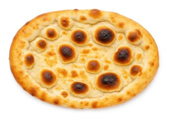 Focaccia bread with charred spots on a white background, top view