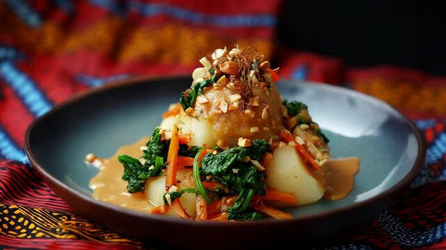 Gourmet potato dish with spinach, carrots, peanut sauce and nut sprinkles on a plate with patterned tablecloth backdrop