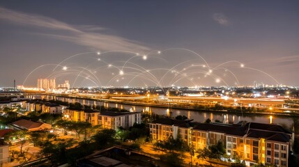 of city at night with visible IoT signals linking buildings and transport