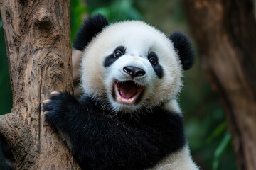 Obraz premium Panda Cub Climbing Tree