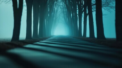 Ethereal mist creeping over a secluded forest pathway, moody shadows shifting in the soft light
