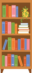 minimal bookshelf with books and plant, library bookcase with bright book flat vector isolated illustration