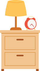 minimal nightstand with lamp and red alarm clock, bedside table furniture for bedroom flat vector isolated illustration
