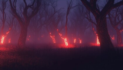 Misty forest night fire