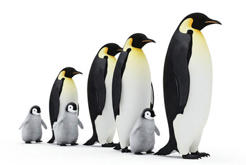 Obraz premium Colony of king penguins together, isolated on white background. Penguins walking stock image. Symbol of faith, fidelity, and devotion.