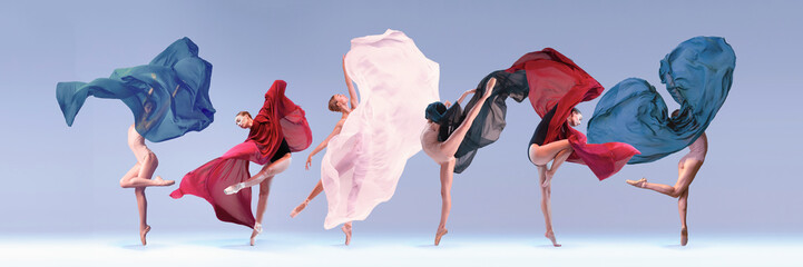 Banner. Creative dynamic collage of 2 models. Ballet dancers performing synchronized leaps with...
