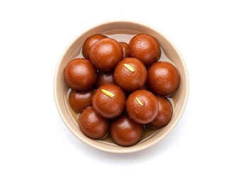 Obraz premium Gulab jamun dessert in a bowl, indian sweet food with almond garnish isolated on white background