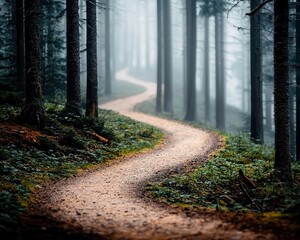 Obraz premium A secluded dirt trail disappearing into a misty forest, moody fog creating a mysterious ambiance